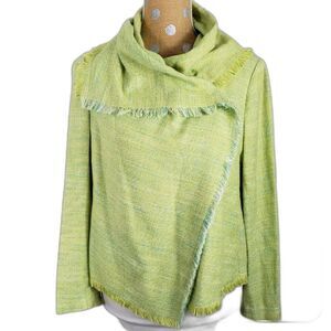 ANNE KLEIN Size 10 Green Long Sleeve Open Cardigan Tapestry Jacket Fringe Shawl